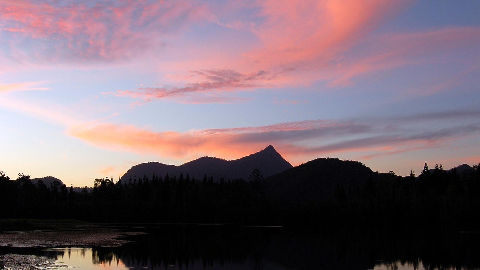 Mount Warning above Clarrie Hall Dam at sunset in the Northern Rivers